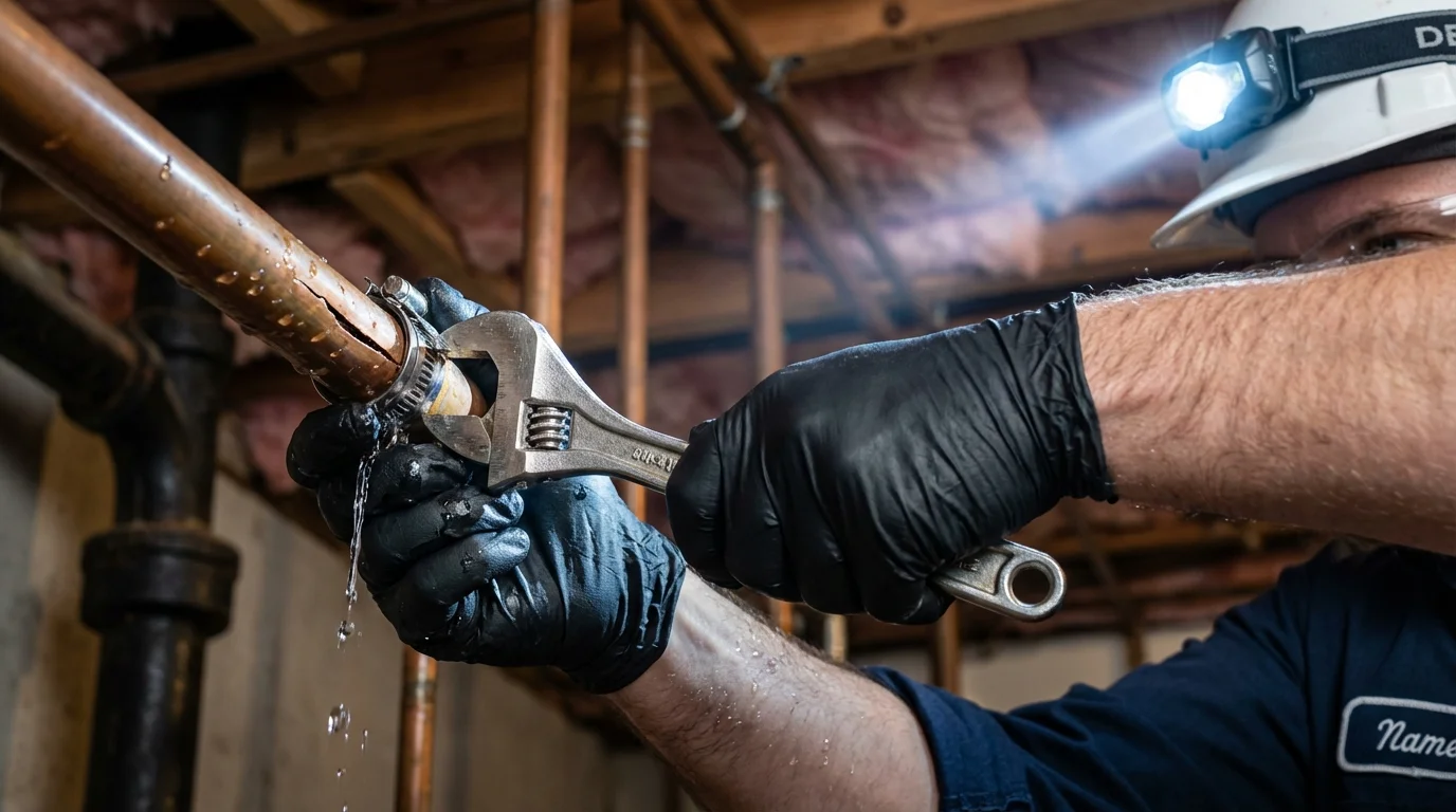 Emergency pipe clamp repair being performed by a Johns Plumbing LLC plumber in Mulberry