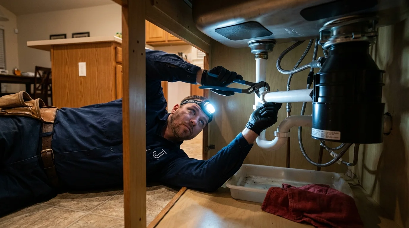P-trap and supply line connections under a kitchen sink showing a common leak point in Mulberry, FL